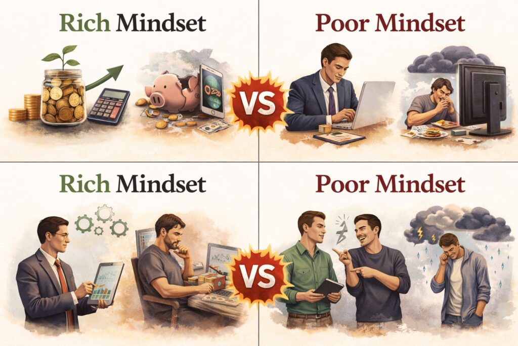 Difference between rich and poor mindset infographic - an illustration of comparison