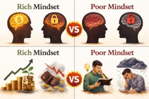 “difference between rich mindset vs poor mindset illustration”