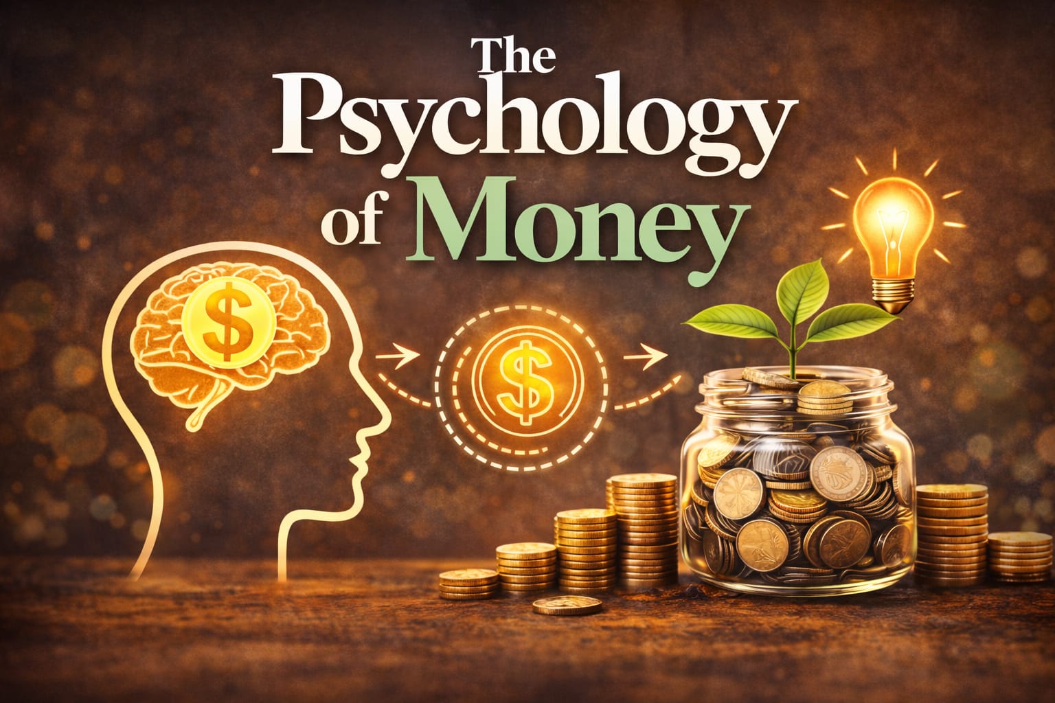 The psychology of money concept showing brain, coins, and financial growth representing money mindset.