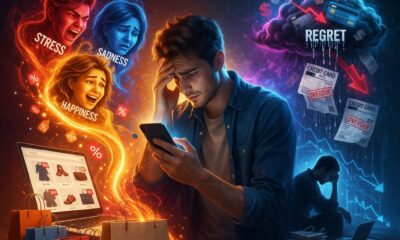 emotional spending concept showing stress, online shopping, and financial pressure