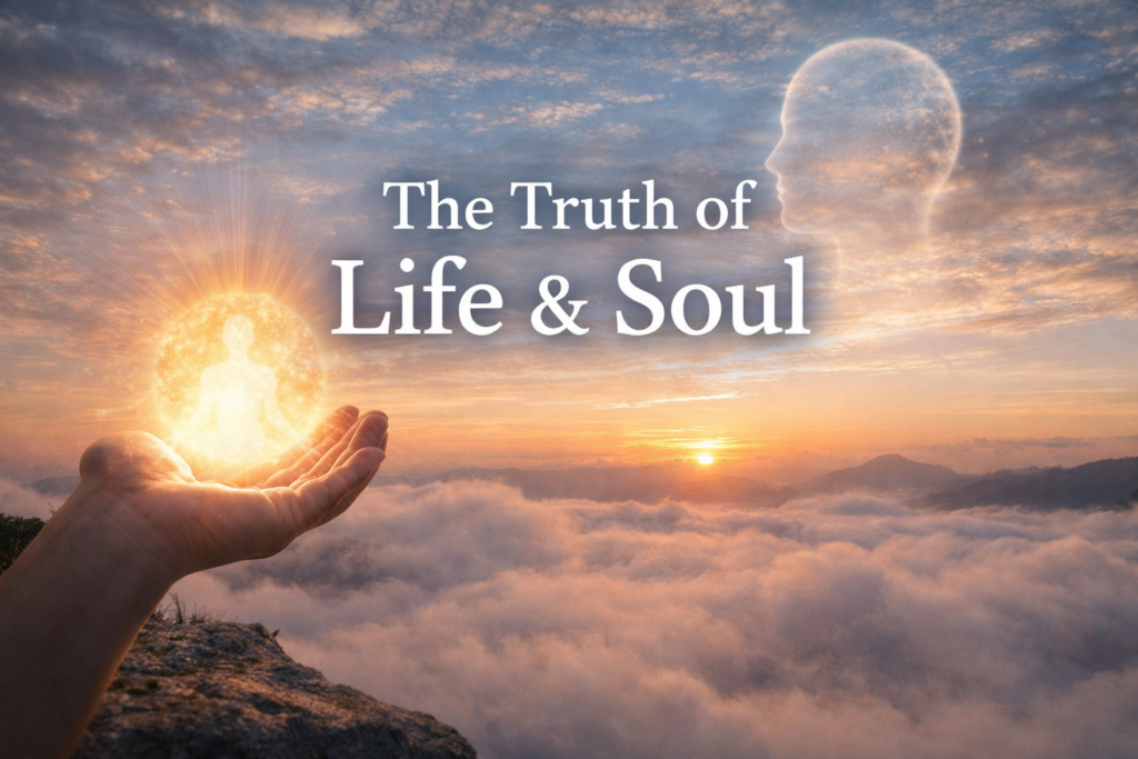 Hand holding a glowing soul orb with The Truth of Life and Soul title in a spiritual sunrise background
