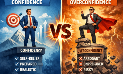 “Illustration of confidence vs overconfidence shown as a balance scale with a confident person on one side and an overconfident person on the other.”