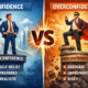 “Illustration of confidence vs overconfidence shown as a balance scale with a confident person on one side and an overconfident person on the other.”