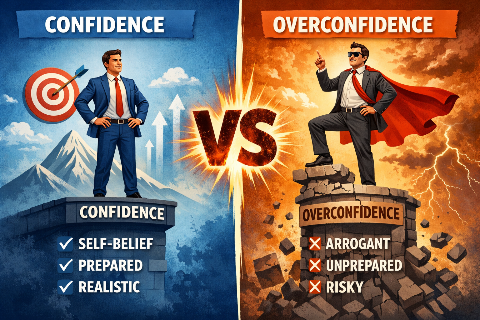 “Illustration of confidence vs overconfidence shown as a balance scale with a confident person on one side and an overconfident person on the other.”