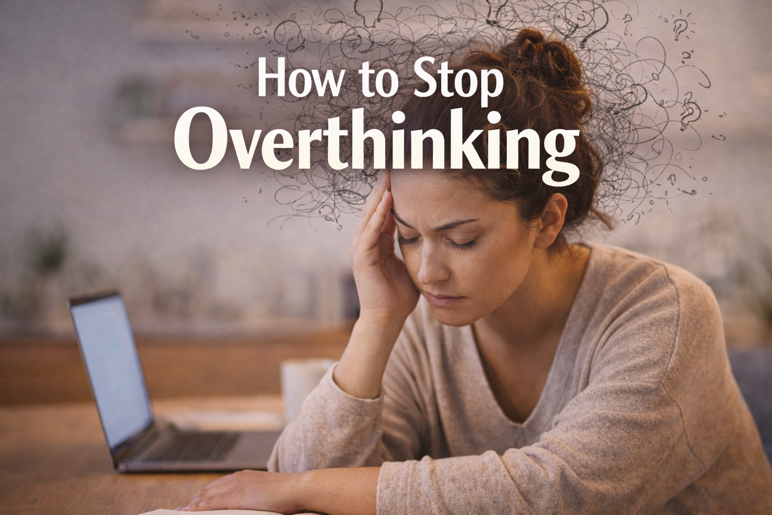 Woman overthinking at desk with laptop and messy thoughts illustration.