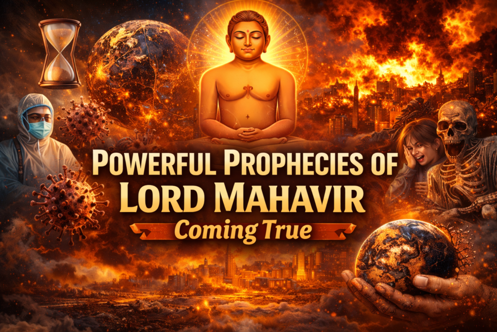 Powerful Prophecies of Lord Mahavir showing meditation, cosmic cycle, and future predictions coming true