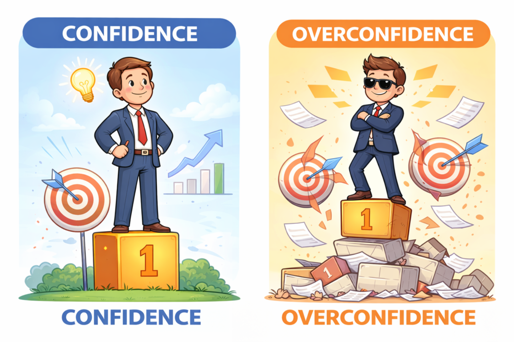 Illustration comparing confidence vs overconfidence: confident person standing on a stable podium with success symbols, while an overconfident person stands on unstable blocks surrounded by chaos and failure.