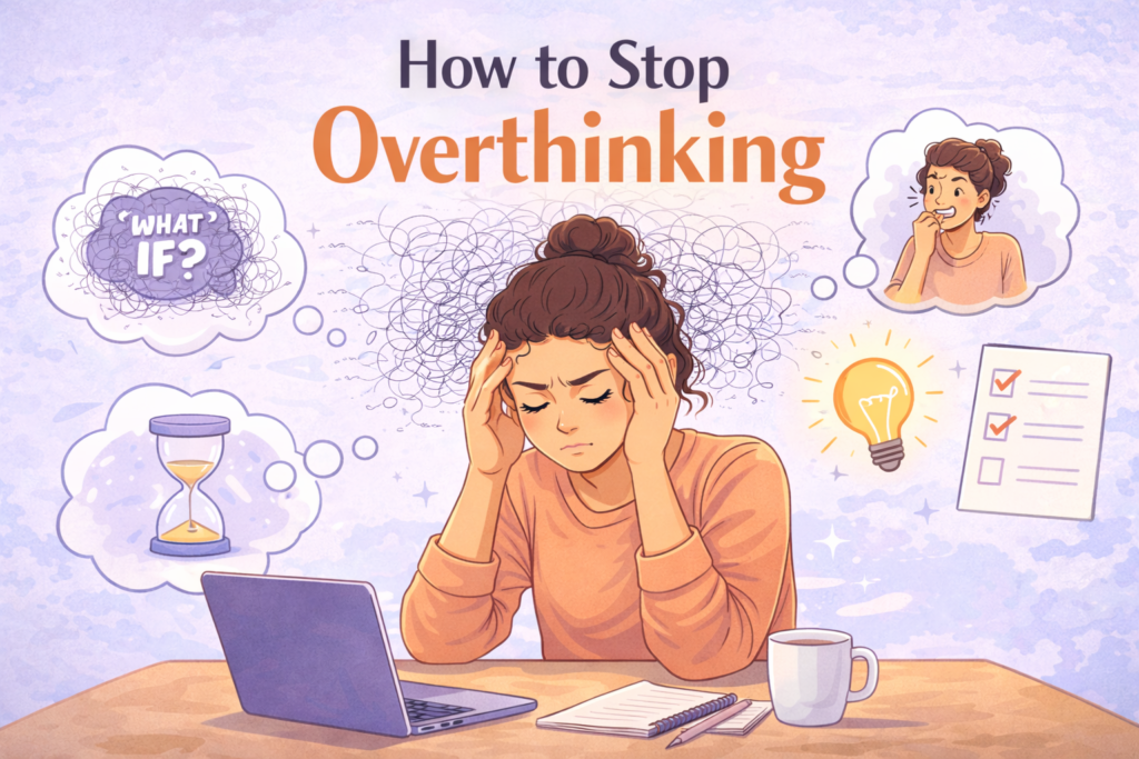 How to stop Overthinking concept with what-if thoughts and mental clutter illustration