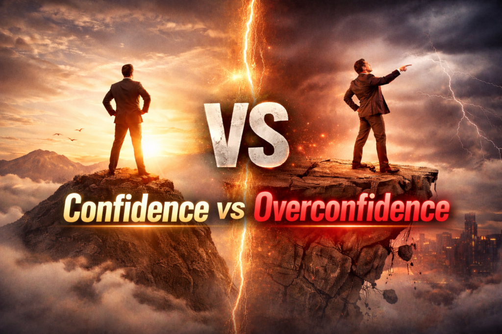 Confidence vs Overconfidence concept image showing a confident man on a sunrise mountain and an overconfident man on a crumbling cliff under a stormy sky.