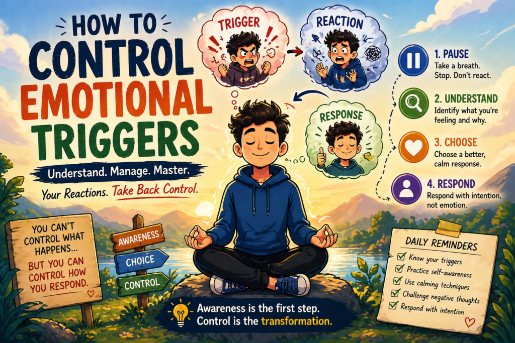 Cartoon illustration explaining how to control emotional triggers and avoid overreacting