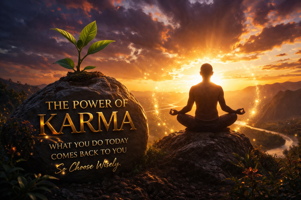 The Power of Karma illustration showing a meditating person at sunset with glowing light, symbolizing how actions shape life and destiny.