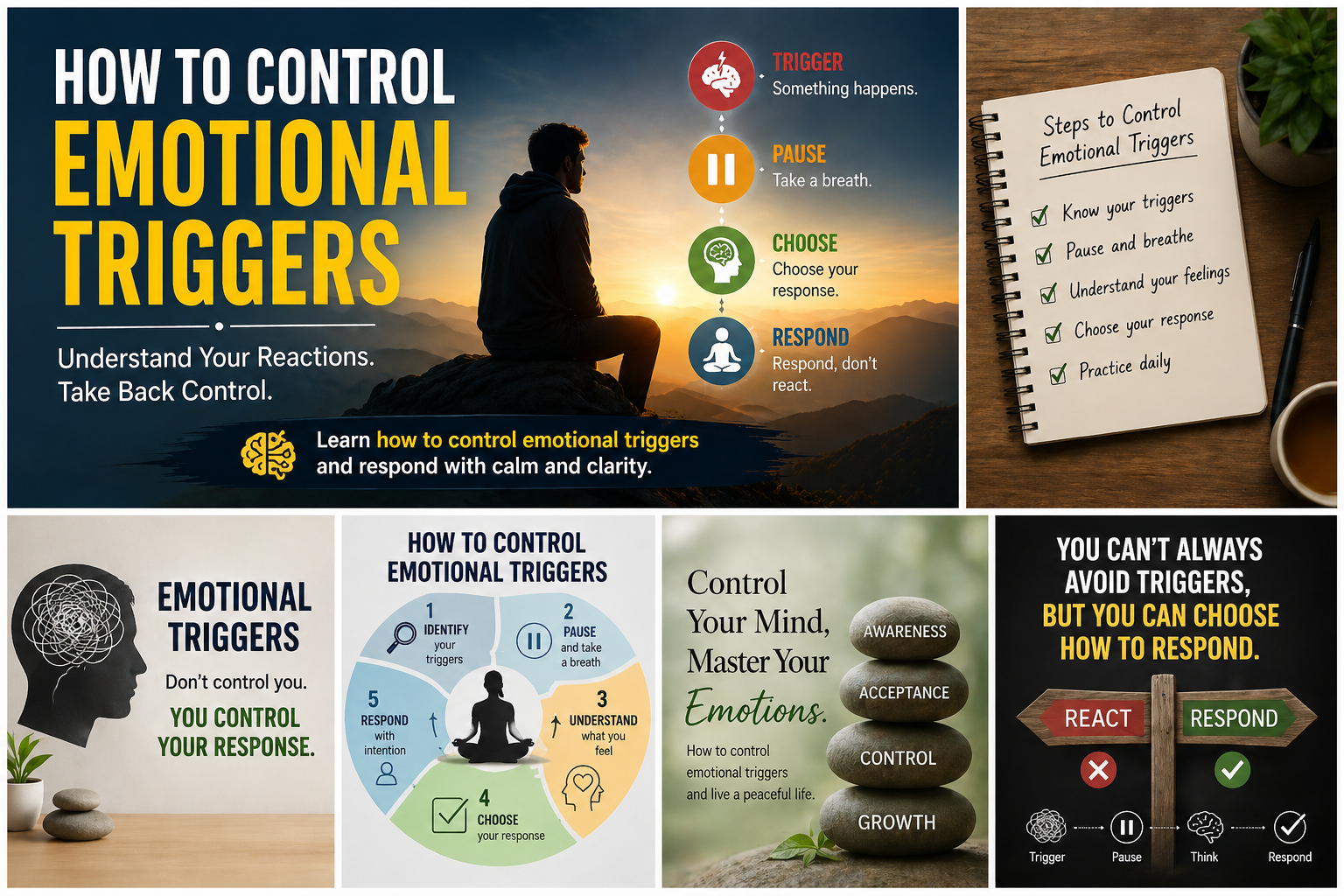 Infographic on how to control emotional triggers with practical steps and daily techniques