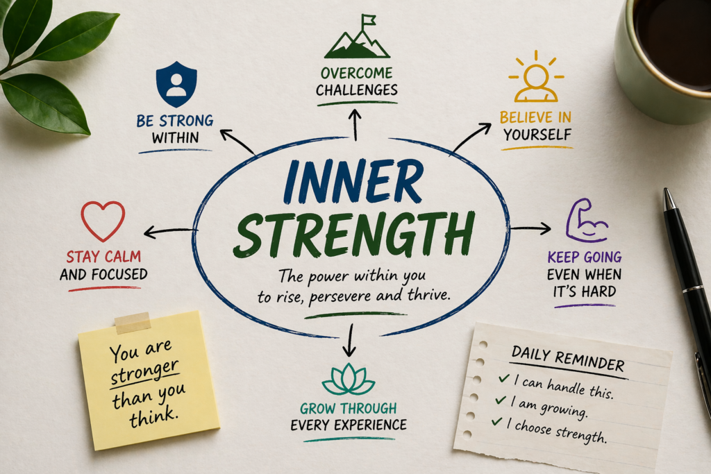 Inner strength infographic with motivational phrases and icons