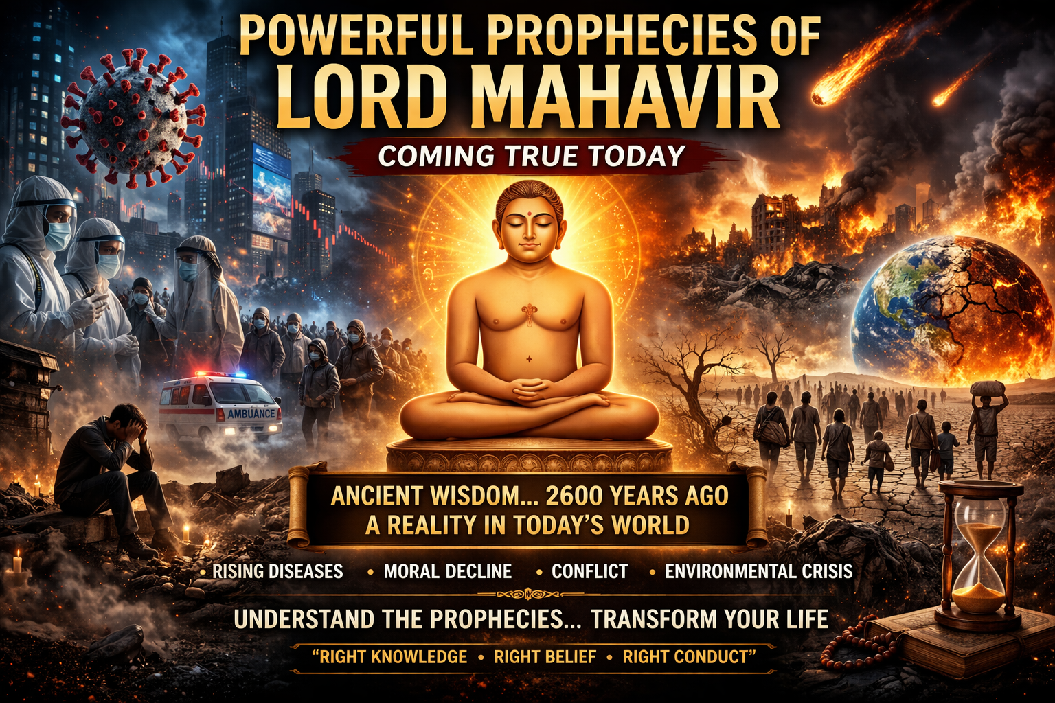 Powerful Prophecies of Lord Mahavir reflecting emotional pain, societal decline, and the reality of today’s world