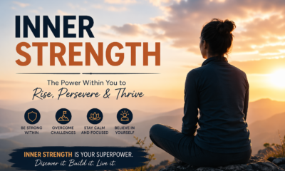 Inner strength concept with a woman meditating on a mountain at sunrise