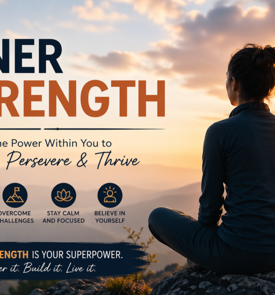 Inner strength concept with a woman meditating on a mountain at sunrise