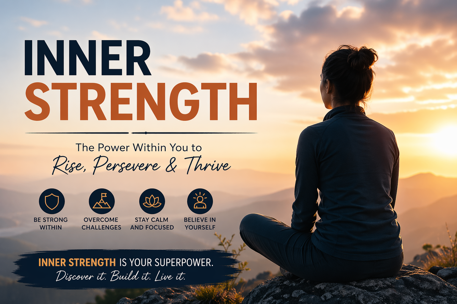 Inner strength concept with a woman meditating on a mountain at sunrise