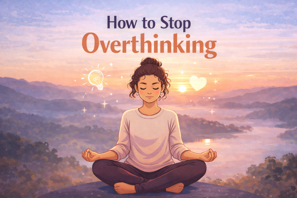 Animated woman meditating to stop overthinking and achieve inner peace