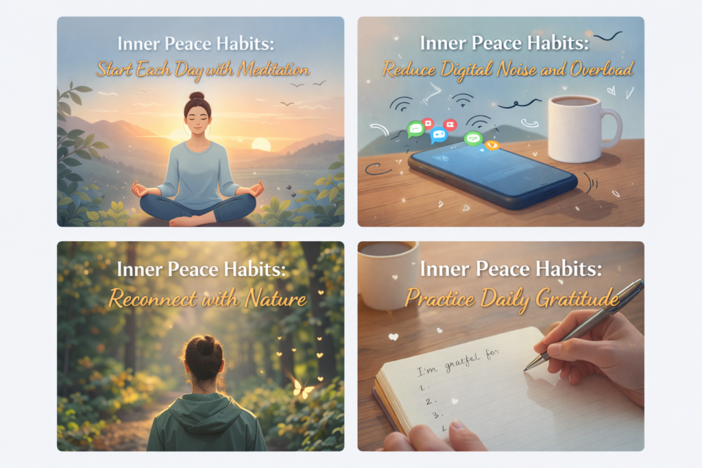 inner peace habits including meditation digital detox nature and gratitude practices for a calm mind