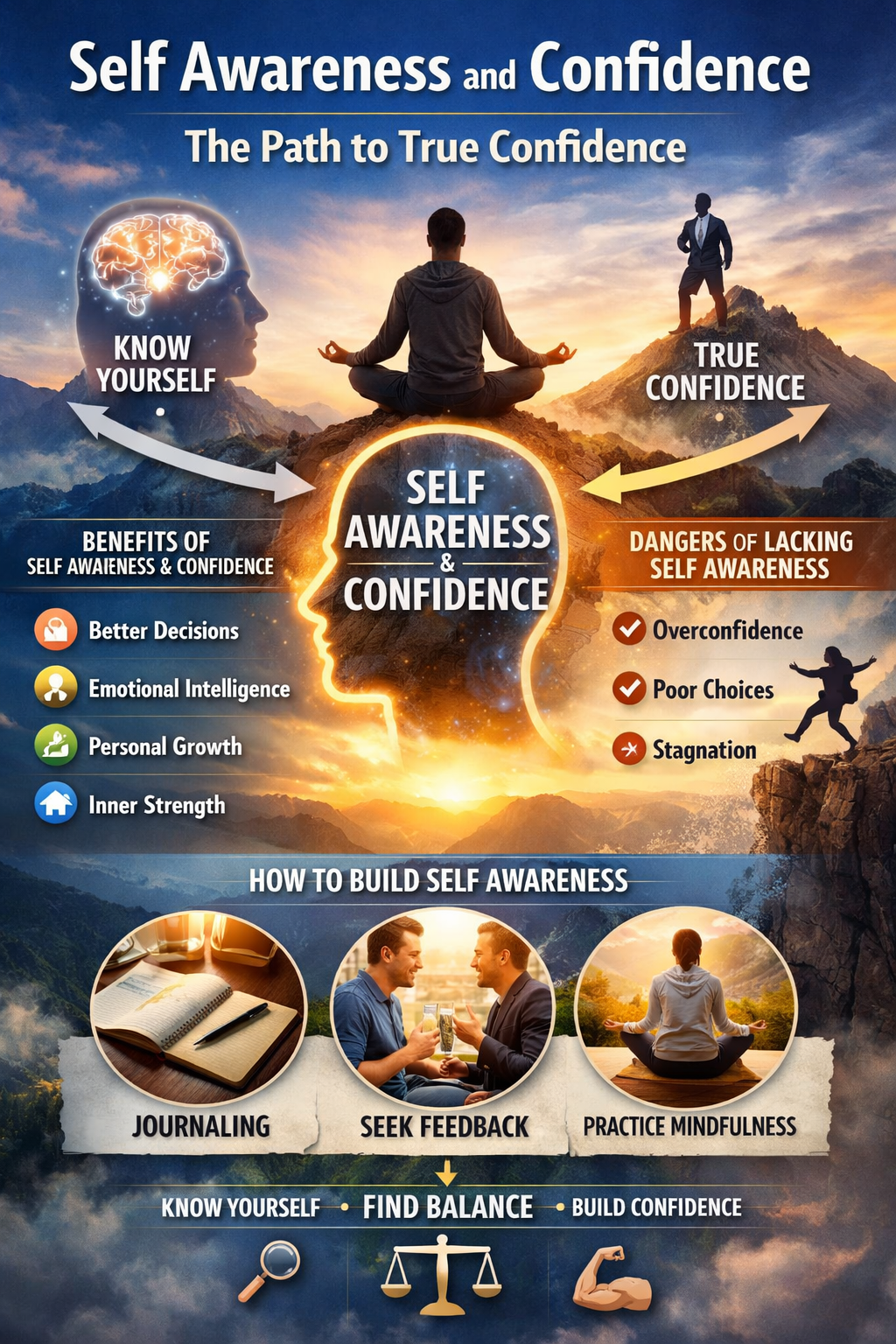 Self awareness and confidence infographic showing path to true confidence through self reflection, mindfulness and personal growth