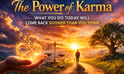 The Power of Karma concept image with a person walking toward light on a path, representing how actions today shape your future.