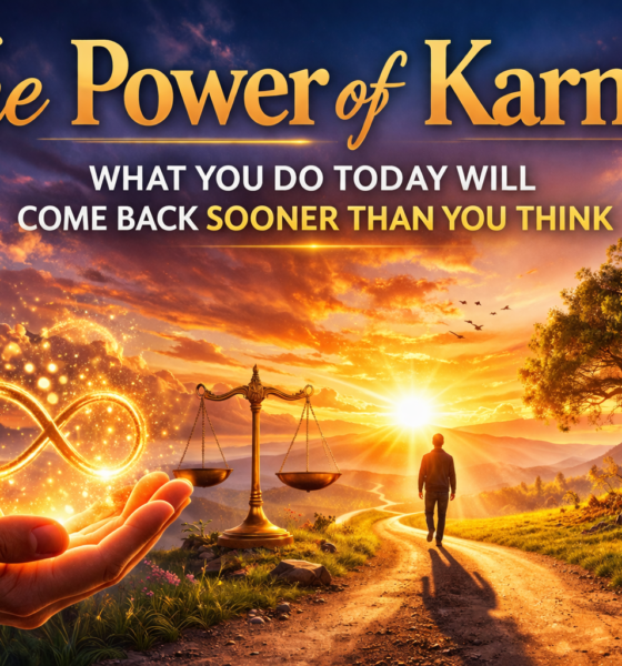 The Power of Karma concept image with a person walking toward light on a path, representing how actions today shape your future.