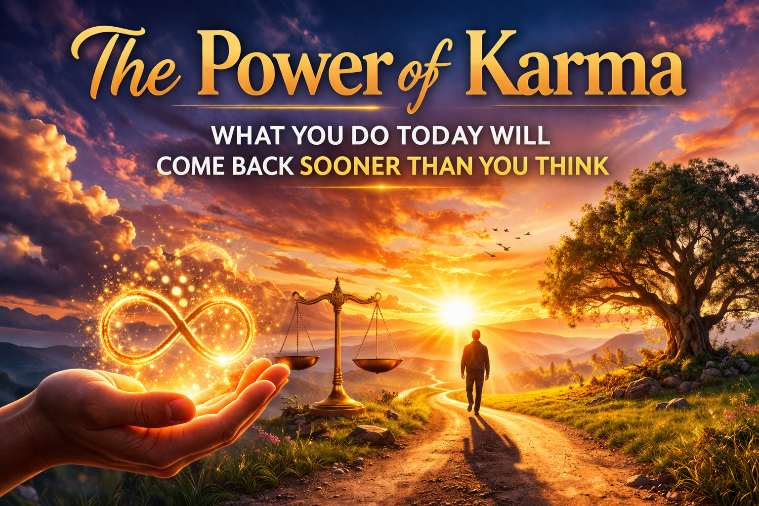 The Power of Karma concept image with a person walking toward light on a path, representing how actions today shape your future.