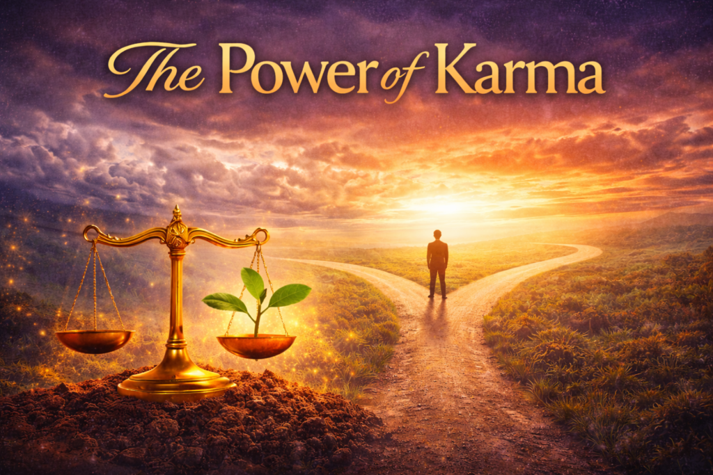 The Power of Karma visual with glowing infinity symbol and balance scale, symbolizing cause and effect and the cycle of actions.