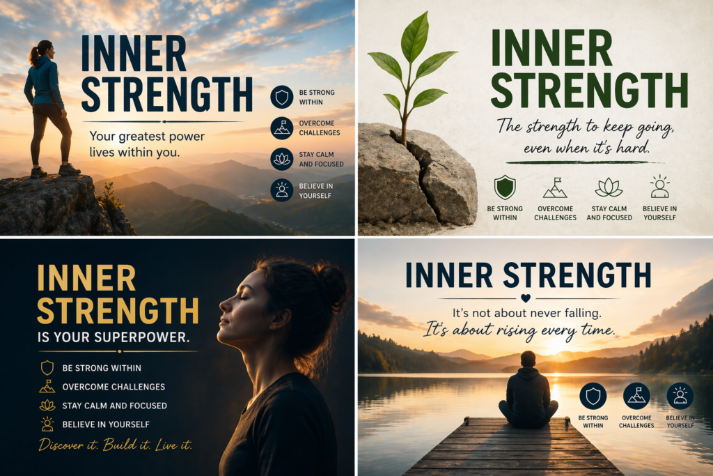 Inner strength motivational collage with quotes and self-growth themes