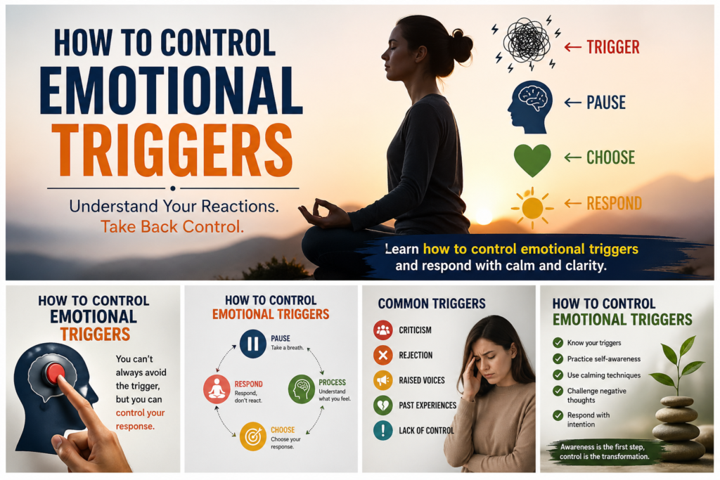 How to control emotional triggers illustration showing meditation and steps like pause, understand, choose and respond