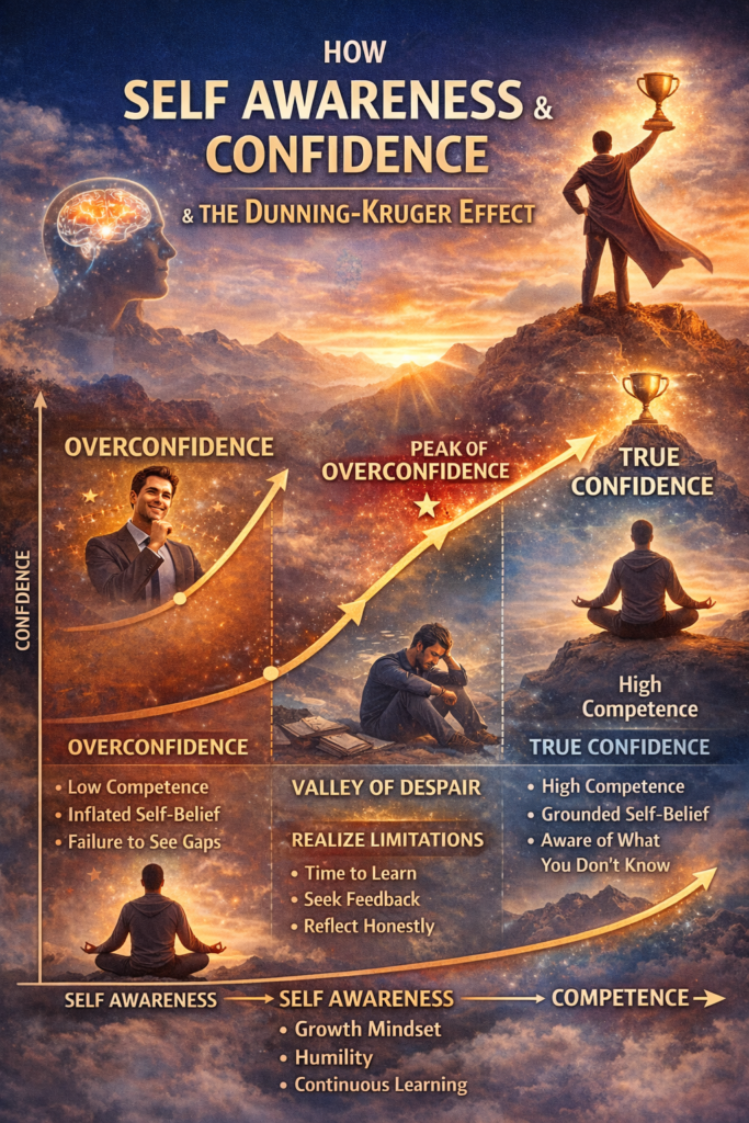 Self awareness and confidence explained through the Dunning Kruger effect showing journey from overconfidence to true confidence