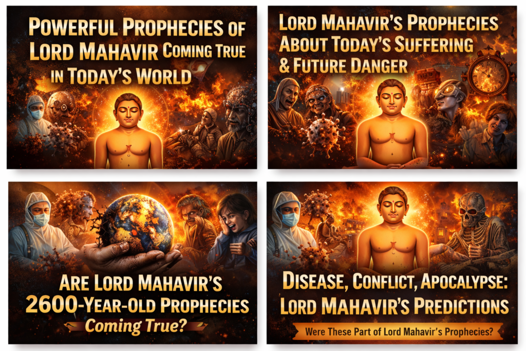Powerful Prophecies of Lord Mahavir depicting rising diseases, human suffering, and global instability