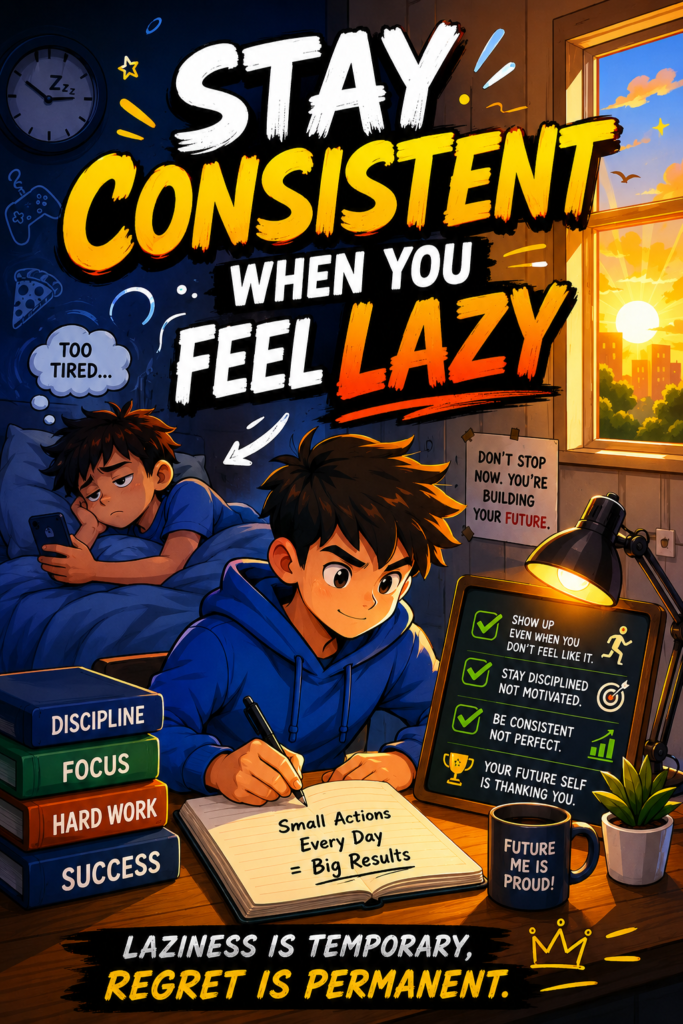 Animated motivational poster featuring the quote “Stay Consistent When You Feel Lazy” with a cartoon-style character studying at a desk while another tired version of himself lies in bed, symbolizing discipline over laziness.