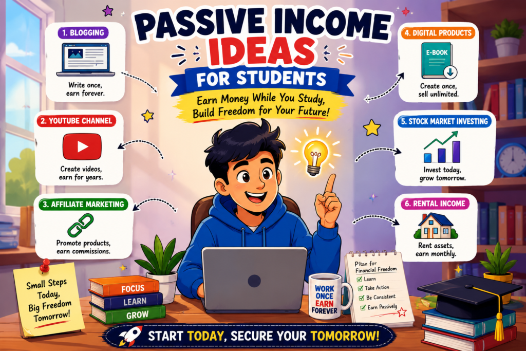 Animated infographic about passive income ideas for students featuring blogging, YouTube, affiliate marketing, and investing.