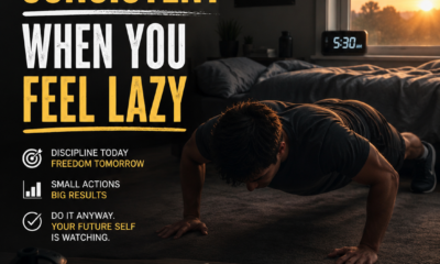 Colorful animated motivational poster with the text “Stay Consistent When You Feel Lazy,” showing a disciplined cartoon character studying at a desk while a tired version rests in bed in the background.