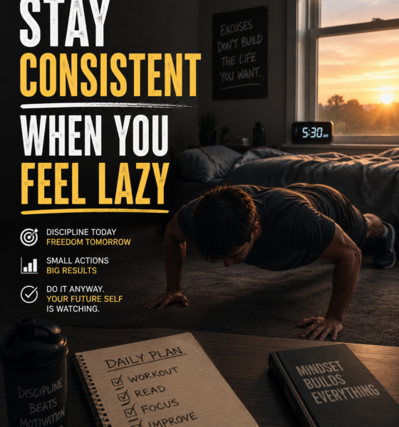 Colorful animated motivational poster with the text “Stay Consistent When You Feel Lazy,” showing a disciplined cartoon character studying at a desk while a tired version rests in bed in the background.