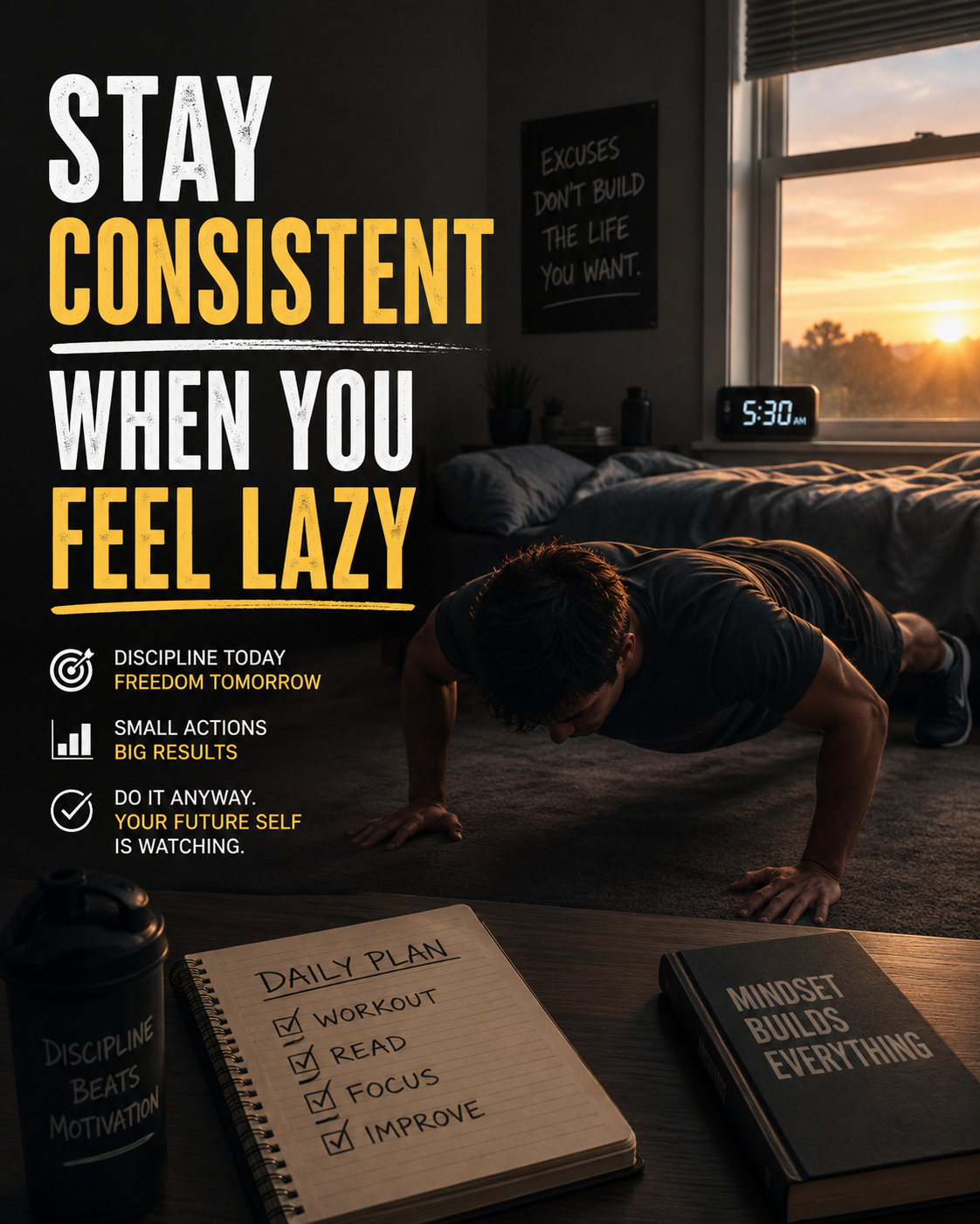 Colorful animated motivational poster with the text “Stay Consistent When You Feel Lazy,” showing a disciplined cartoon character studying at a desk while a tired version rests in bed in the background.