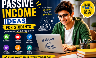 Student exploring passive income ideas for students using a laptop with blogging, YouTube, affiliate marketing, and investing icons.