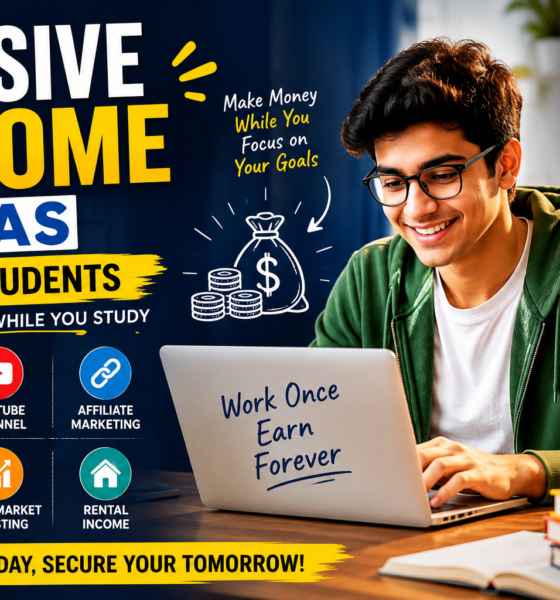 Student exploring passive income ideas for students using a laptop with blogging, YouTube, affiliate marketing, and investing icons.