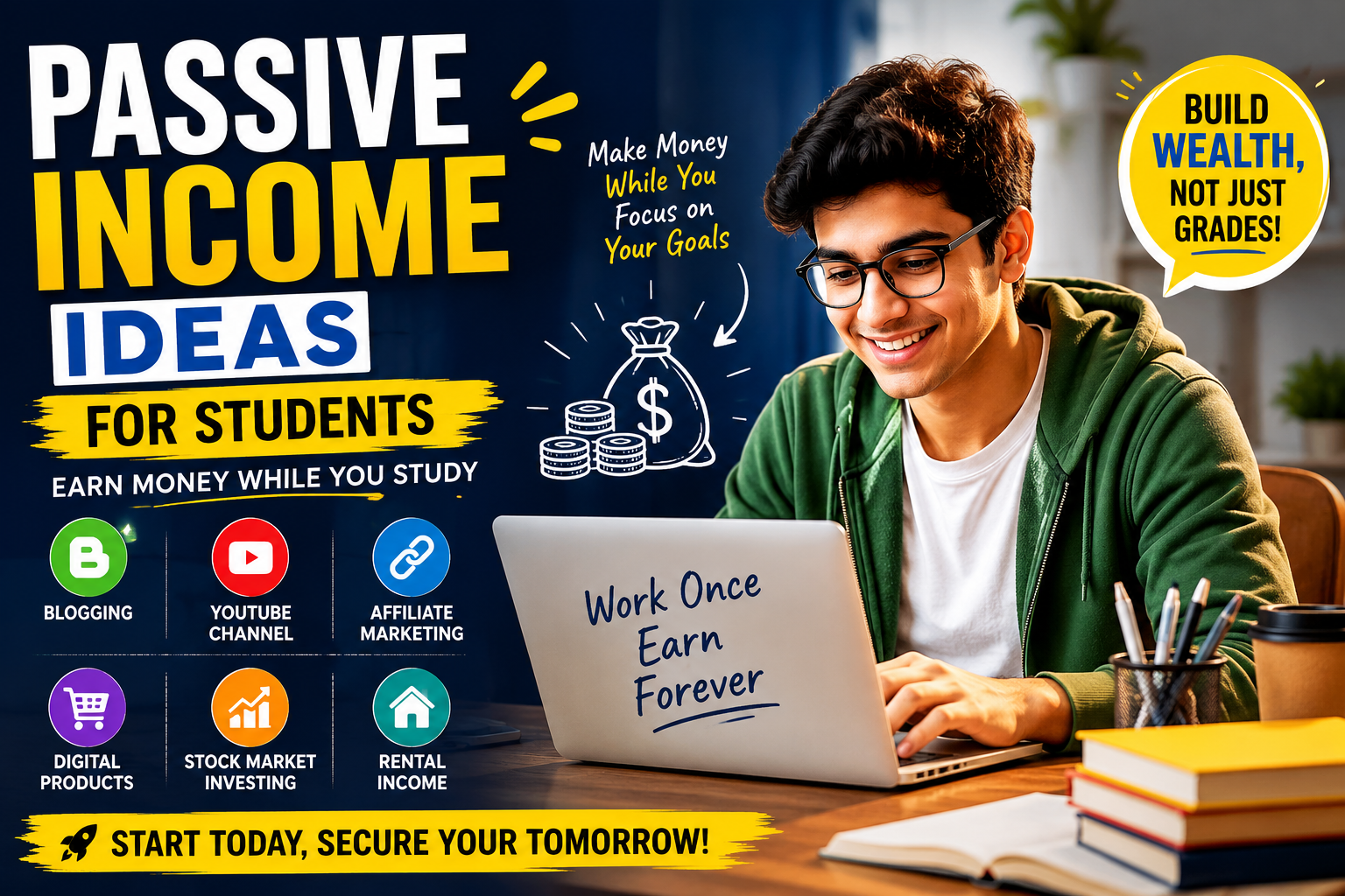 Student exploring passive income ideas for students using a laptop with blogging, YouTube, affiliate marketing, and investing icons.