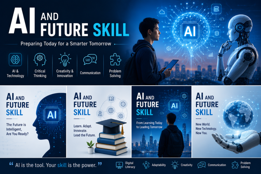 Modern AI and Future Skill poster with digital brain, smart technology icons, and learning concepts.