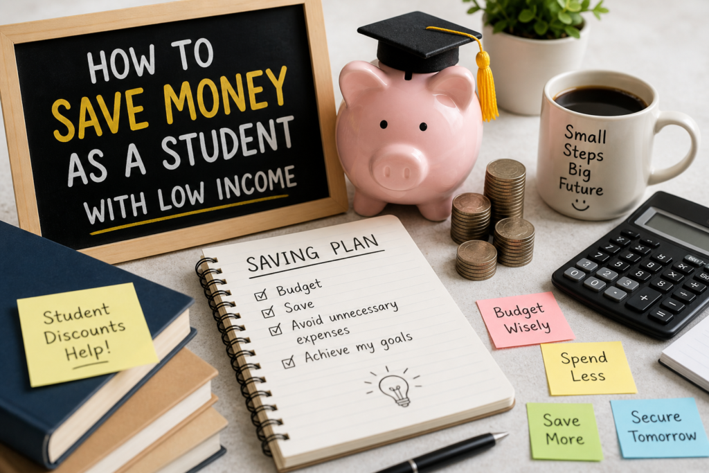How to save money as a student with low income infographic with budgeting tips and savings strategies