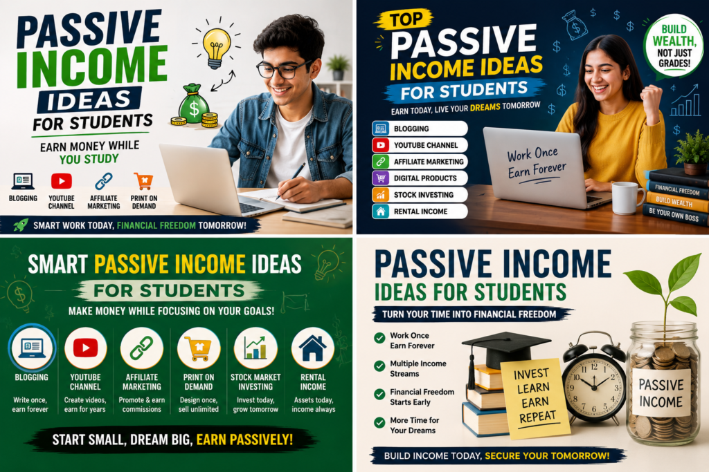 Colorful collage of passive income ideas for students with online earning methods and financial freedom concepts.