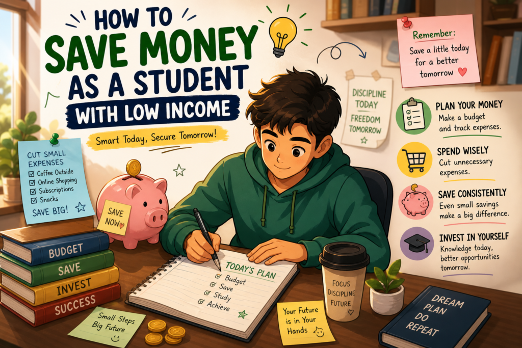 How to save money as a student with low income desk setup with piggy bank, budget planner, and savings notes