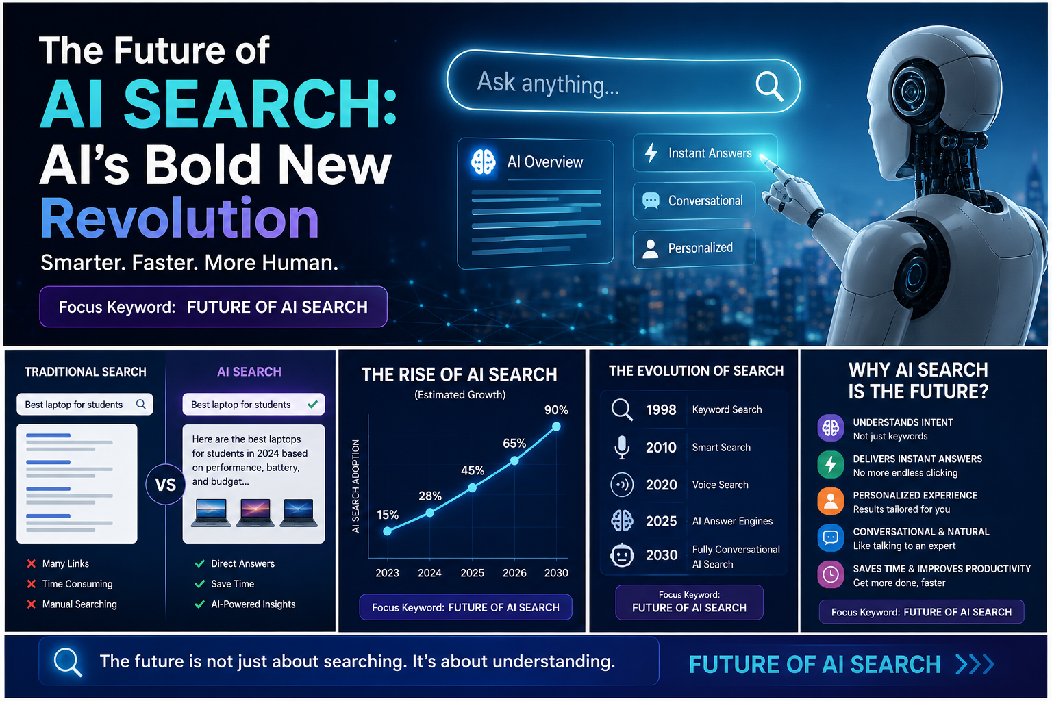 Future of AI search banner showing a robot assistant, smart search interface, and the focus keyword “Future of AI Search.”