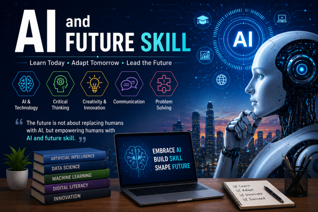 AI and Future Skill infographic banner with robot, laptop, books, and innovation symbols.