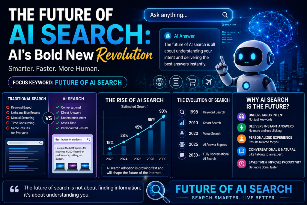 Future of AI search workspace with robot assistant and AI-powered search technology visuals.