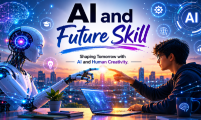 Futuristic AI and Future Skill illustration with robot, student, and advanced technology background.