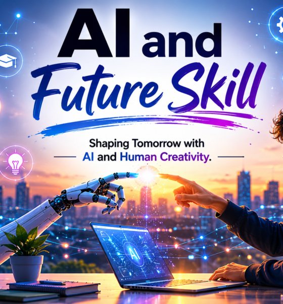 Futuristic AI and Future Skill illustration with robot, student, and advanced technology background.