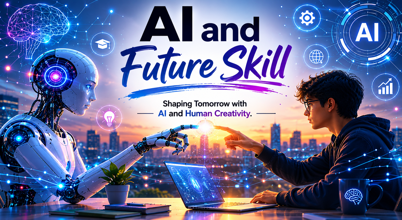 Futuristic AI and Future Skill illustration with robot, student, and advanced technology background.